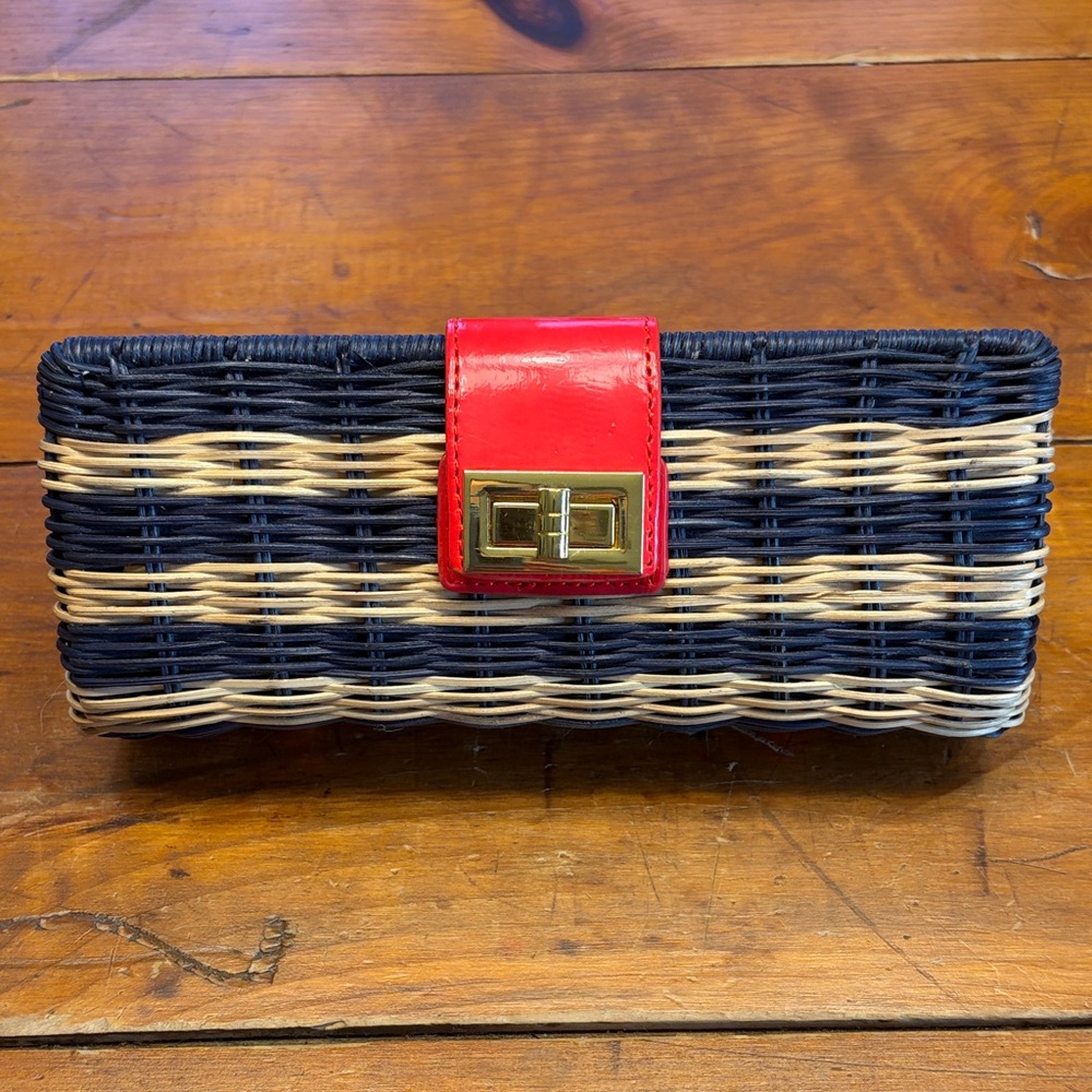 J. Crew Navy, Cream & Red Woven Clutch with Gold Turnlock